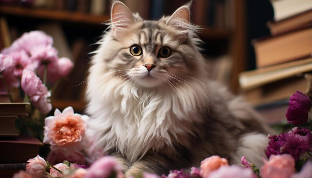 Cute kitten sitting outdoors, looking at flower with curiosity generated by AI Free Photo