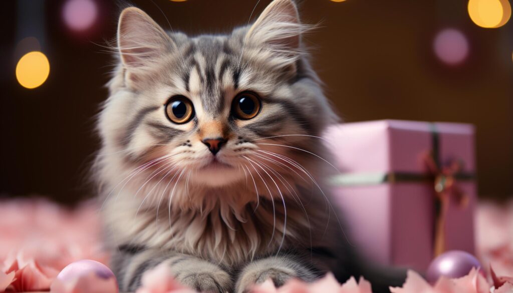 Cute kitten sitting, staring, playful, looking at camera, fluffy fur generated by AI Free Photo