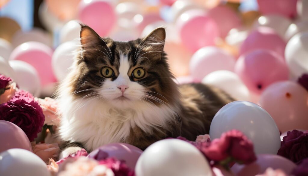 Cute kitten sitting with a balloon, celebrating birthday outdoors generated by AI Free Photo