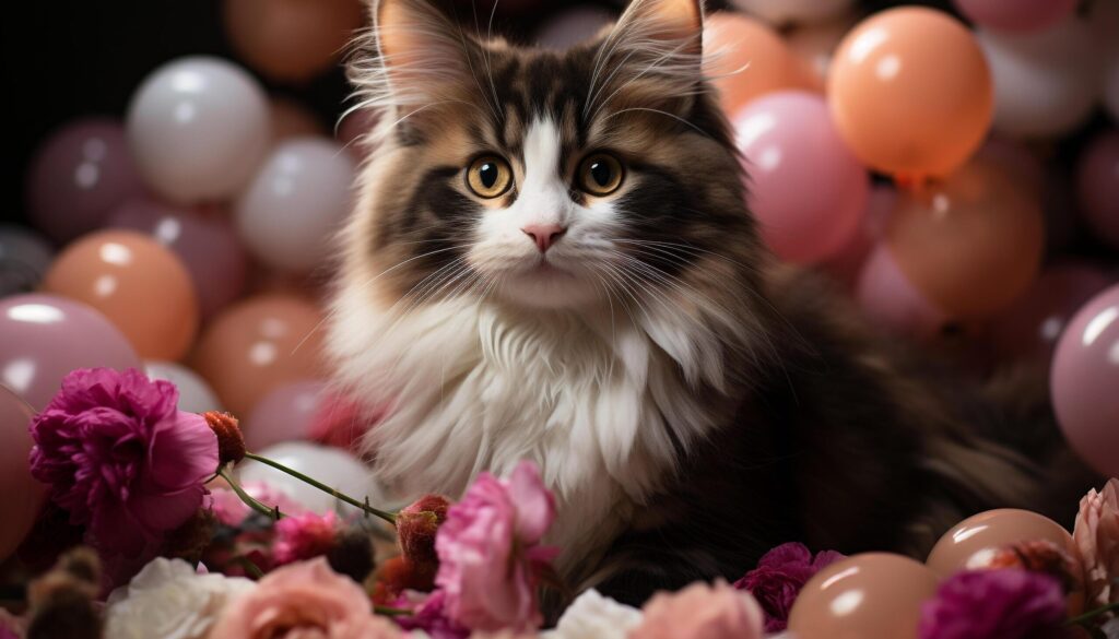 Cute kitten sitting with a toy, celebrating nature beauty generated by AI Free Photo