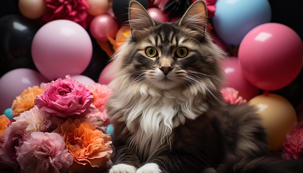 Cute kitten sitting with a toy, surrounded by colorful decorations generated by AI Free Photo