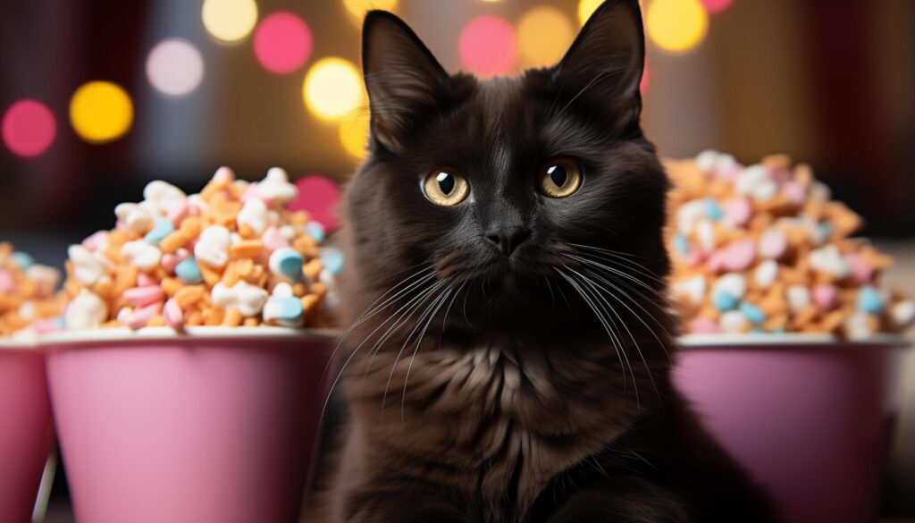 Cute kitten staring, indulging in sweet food, playful and fluffy generated by AI Free Photo