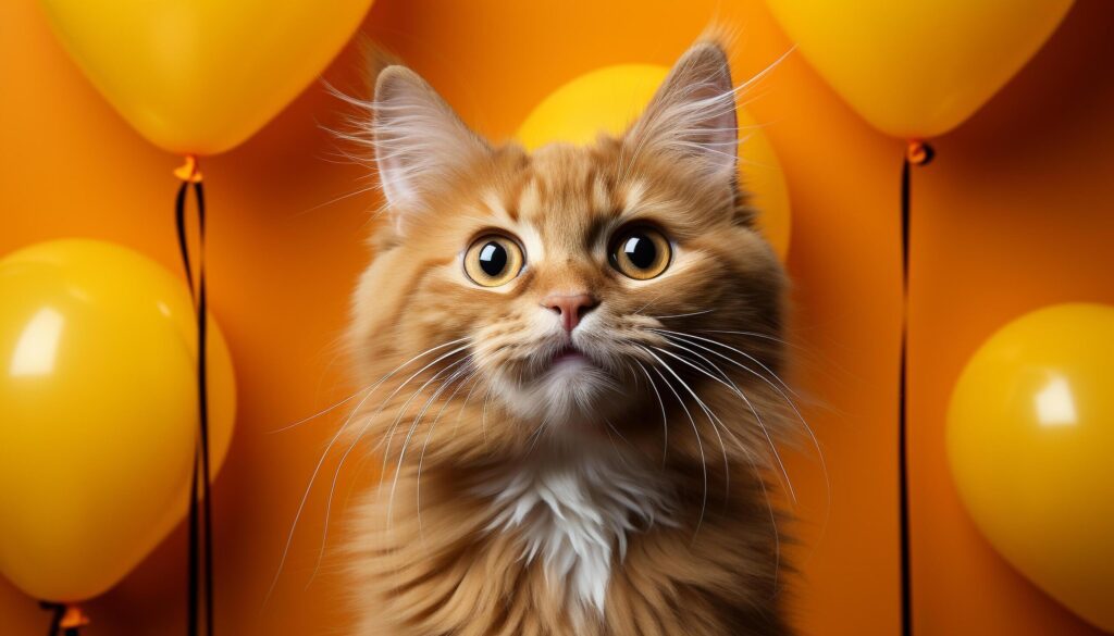 Cute kitten with blue balloon celebrates birthday outdoors generated by AI Free Photo