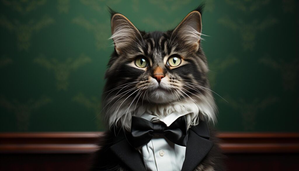 Cute kitten with bow tie looking at camera, playful and charming generated by AI Free Photo