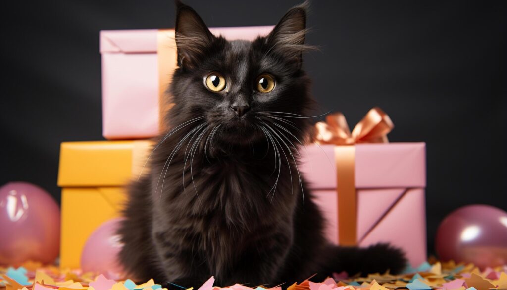 Cute kitten with gift, looking playful, celebrating birthday party generated by AI Free Photo