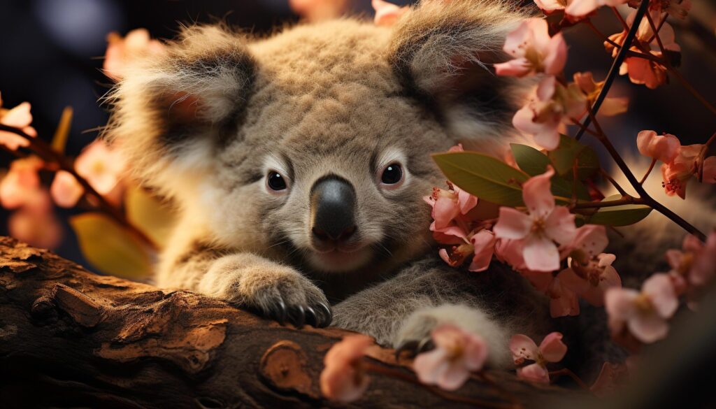 Cute koala sitting on branch, looking at camera in nature generated by AI Free Photo