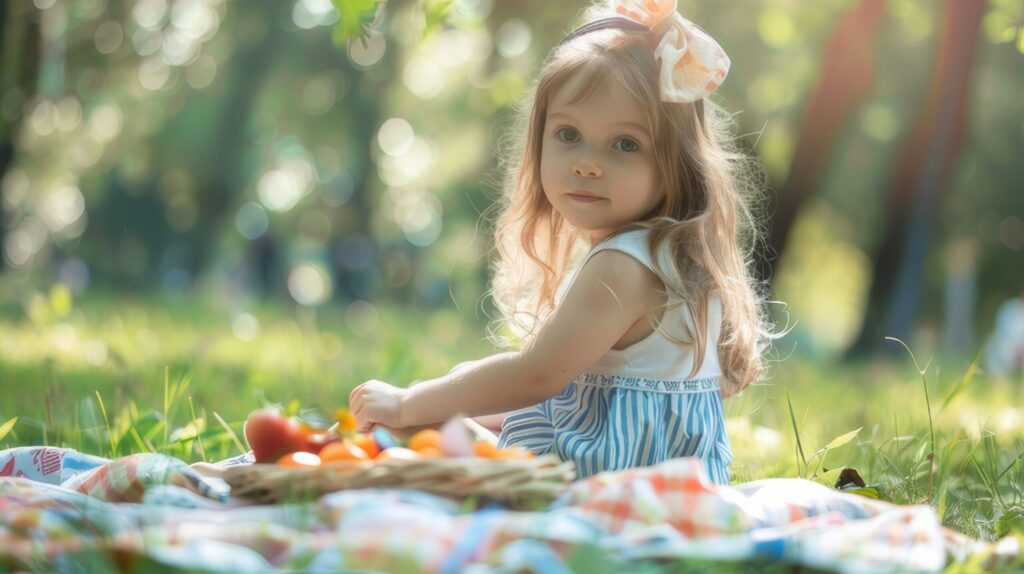 Cute little girl enjoying a picnic in the park. Free Photo