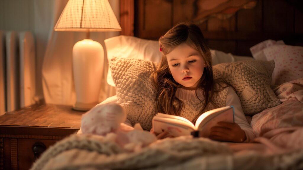 cute little girl immersed in nighttime reading in bed, suitable for illustrating bedtime routines, literacy, and relaxation before sleep. Free Photo