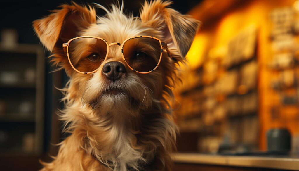 Cute puppy wearing sunglasses sitting outdoors, looking at camera generated by AI Free Photo