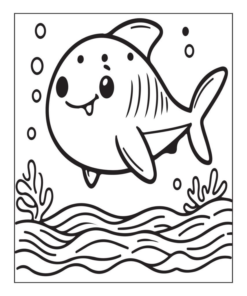 cute shark coloring page for kids Free Vector