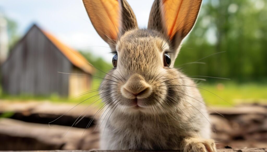 Cute small rabbit sitting on green grass, looking at camera generated by AI Free Photo