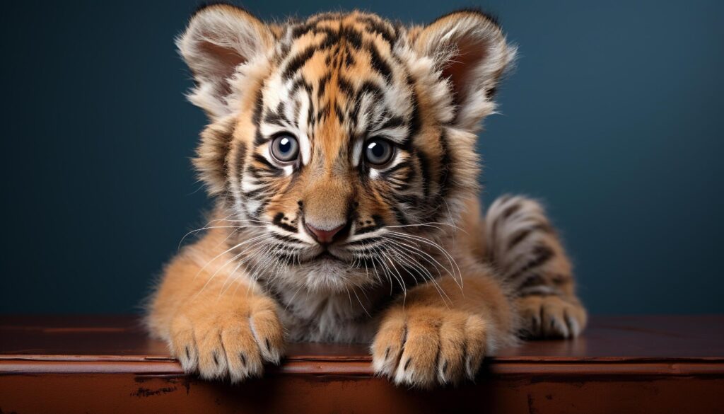 Cute young tiger cub staring, striped fur, looking at camera generated by AI Free Photo