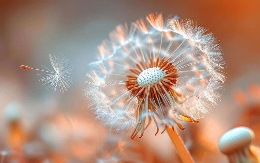 Dandelion Fluff Drifting in Wind Against Softly Glowing Background Free Photo