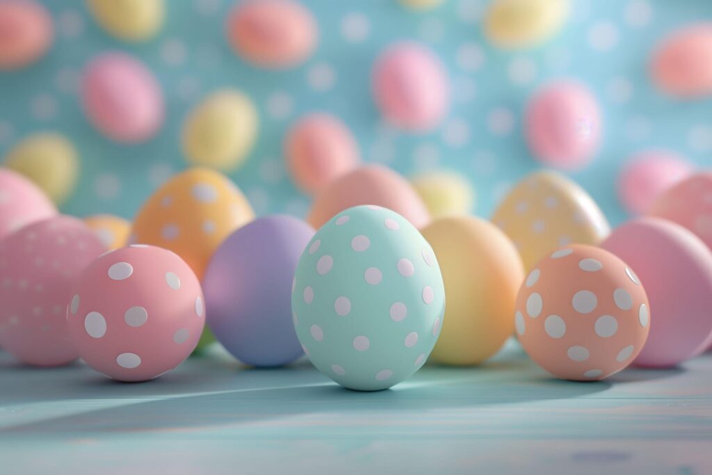 Delicate polka-dotted eggs in a palette of pastel hues create a playful scene on a soft blue table Free Photo