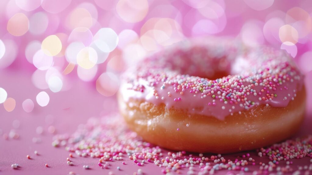 AI generated Delicious Donuts with Sprinkles on a Pink Background, Celebrating National Donut Day with a Bokeh Effect. Stock Free