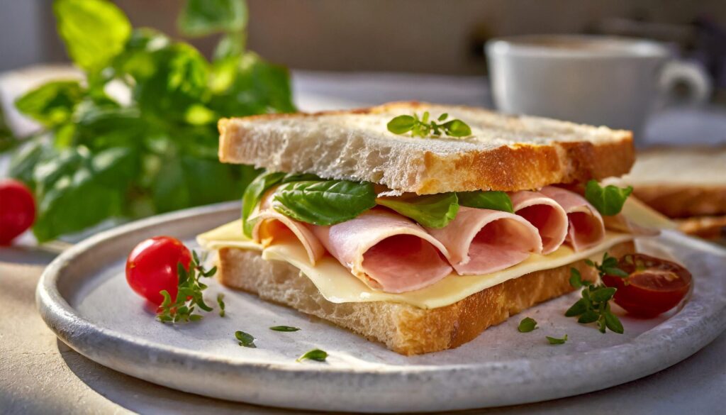 Delicious tasting sandwich with ham and cheese Free Photo