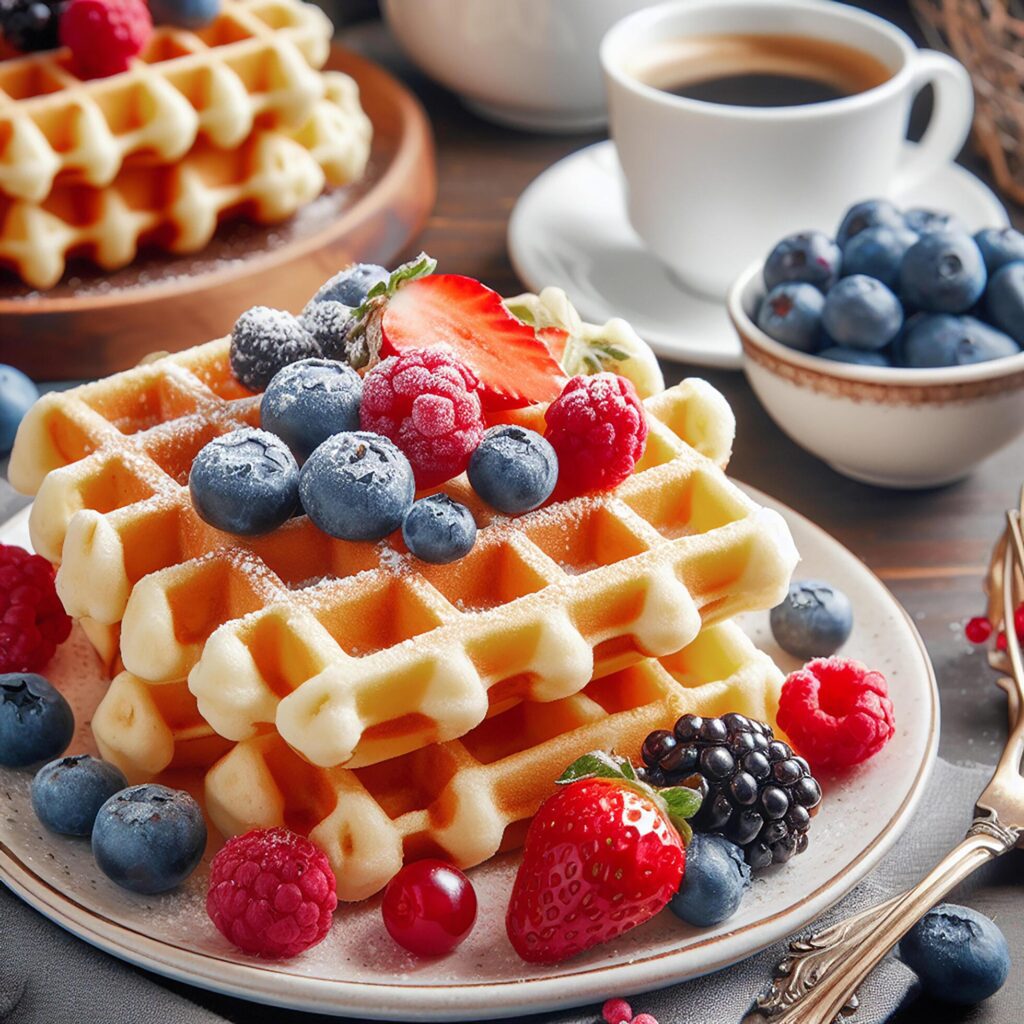 Delicious Viennese waffles for breakfast, a sweet and satisfying dessert loved by children. Witness the close-up details of Belgian waffles adorned with juicy berries Free Photo