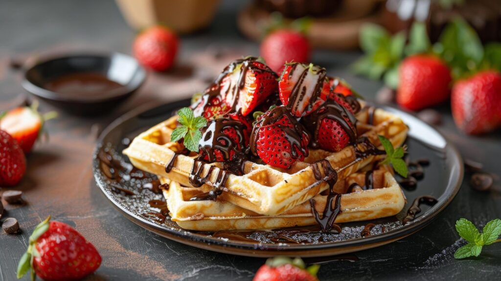 Delicious Waffles With Syrup and Strawberries Free Photo