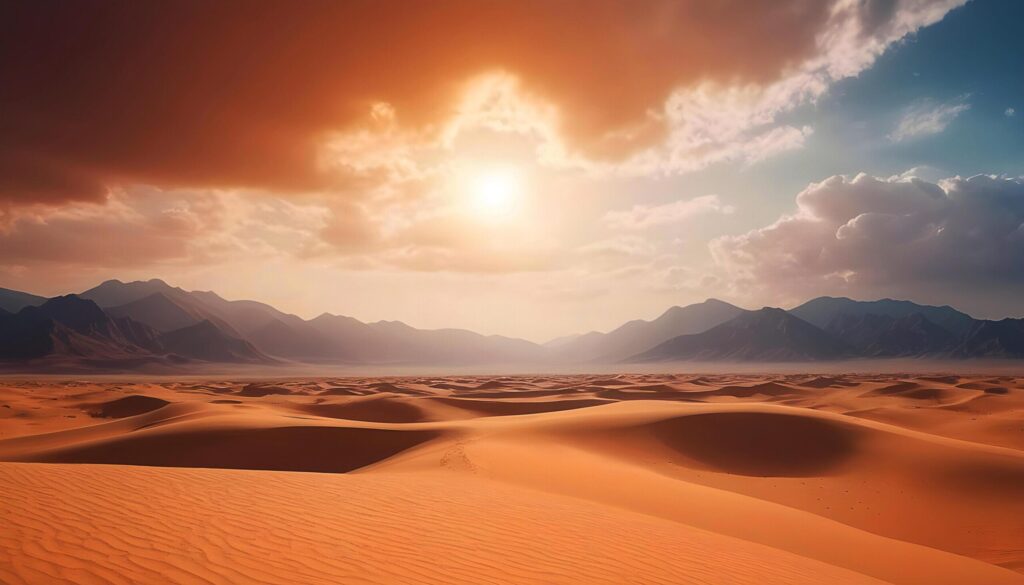 desert landscape with mountains and sun Free Photo