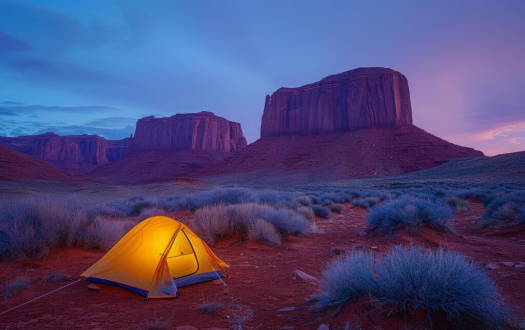 Desert Twilight Illuminates Tent Amid Majestic Rock Formations Free Photo