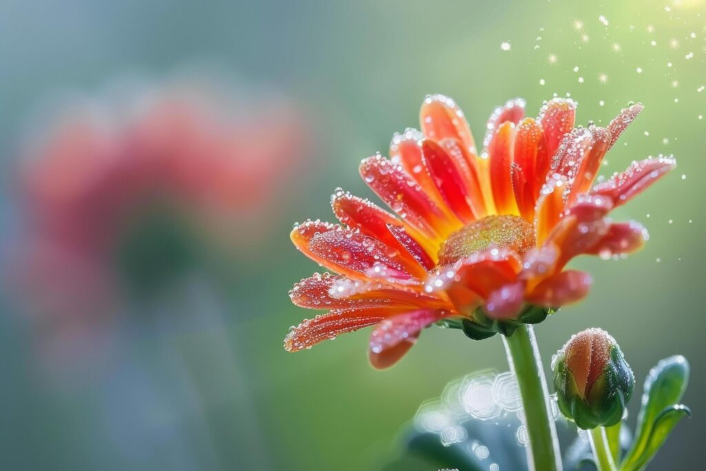 Dew-kissed Orange Gerbera Flower in Soft Morning Light Free Photo