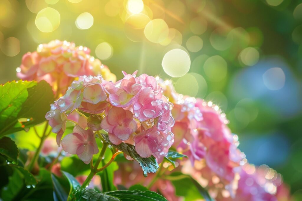 Dew Kissed Pink Hydrangeas in Morning Light Free Photo