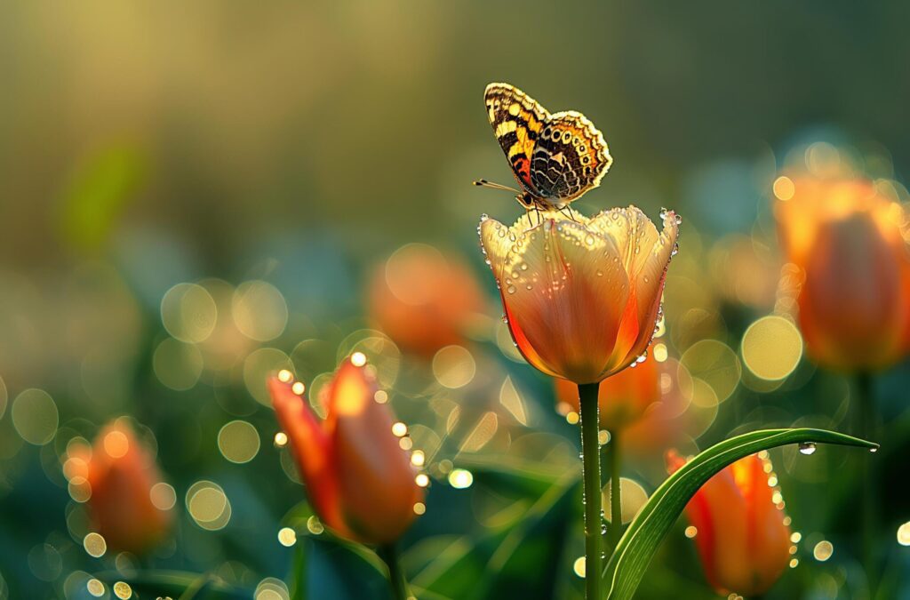 Dew laden tulip with butterfly Free Photo