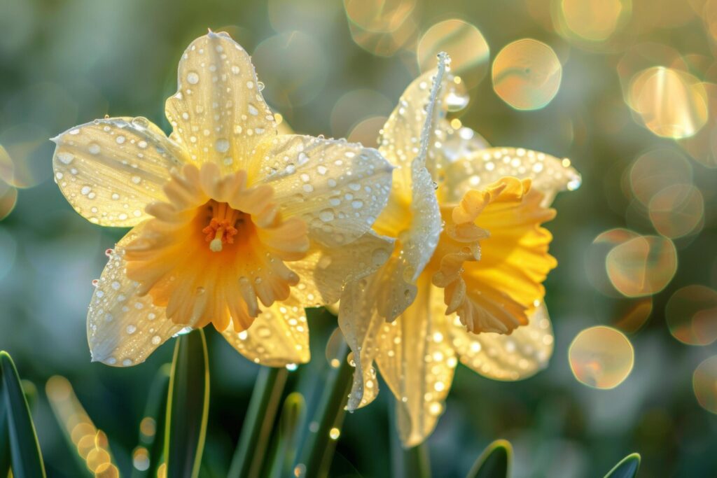 Dewy Daffodils in Morning Light Free Photo