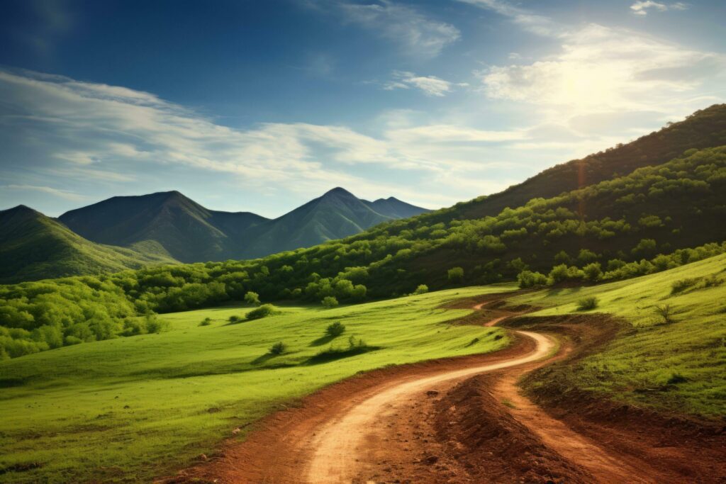 Dirt road lead to greeny mountain Free Photo