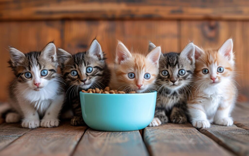 Diverse Coated Kittens Adorably Gather for a Meal in a Blue Bowl, Gazing at the Camera Free Photo