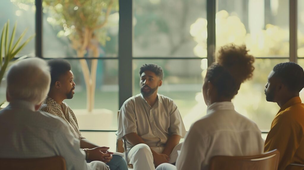 Diverse Group Engages in Deep Conversation on Social Issues in Softly Lit Neutral Meeting Space Free Photo