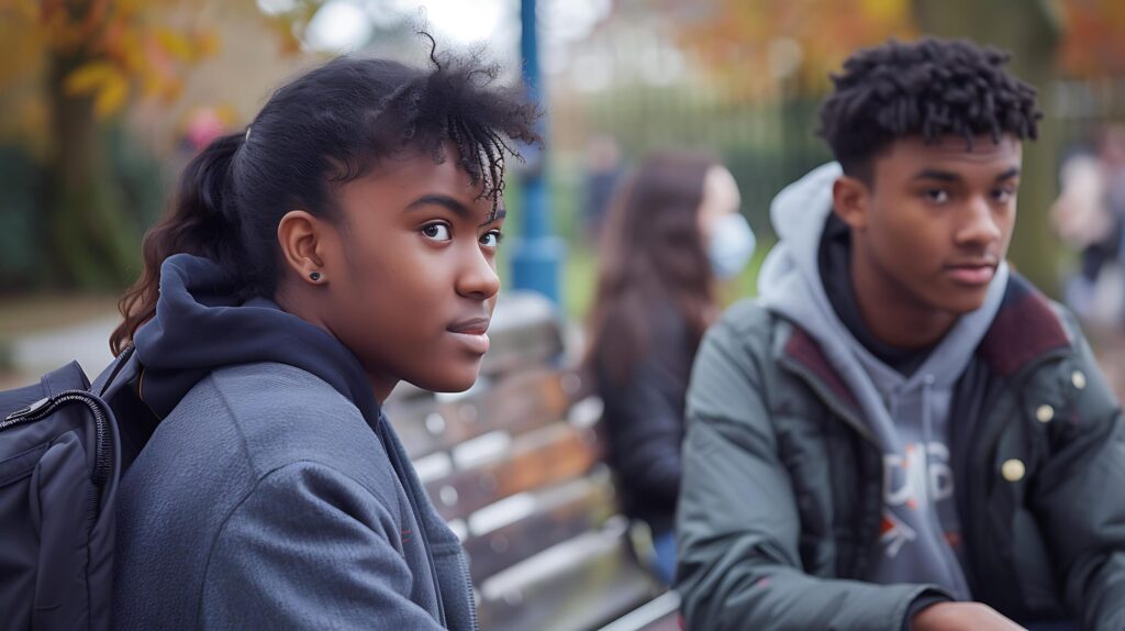 Diverse Teenagers Engage in Meaningful Conversation at Park Surrounded by Multicultural and Multigenerational Diversity Free Photo