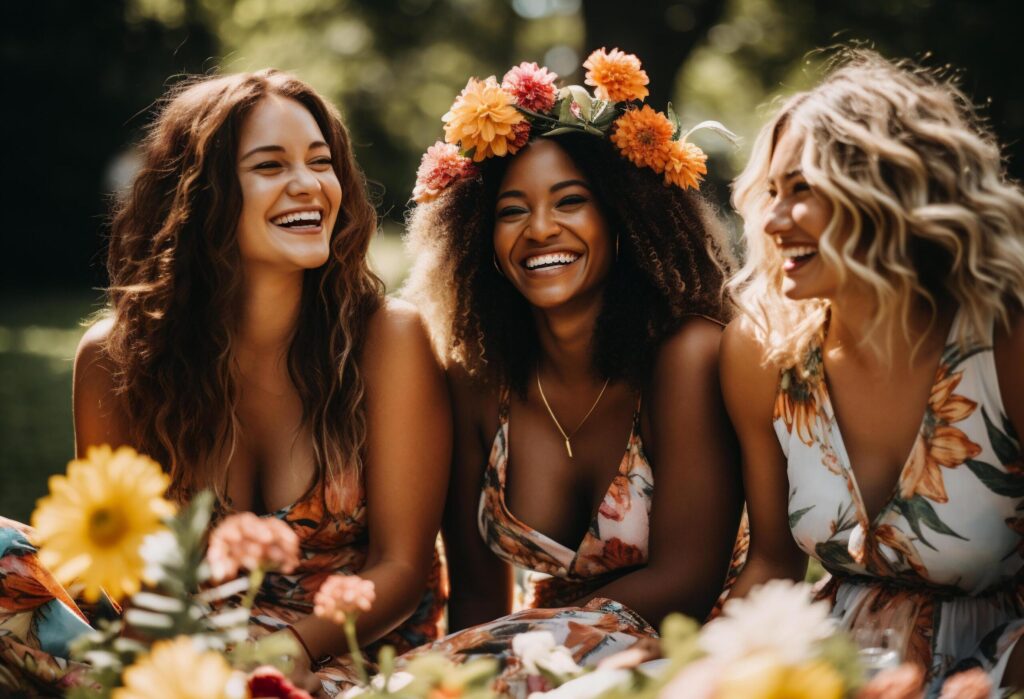 Diverse women sitting on grass in garden. Spring time Free Photo