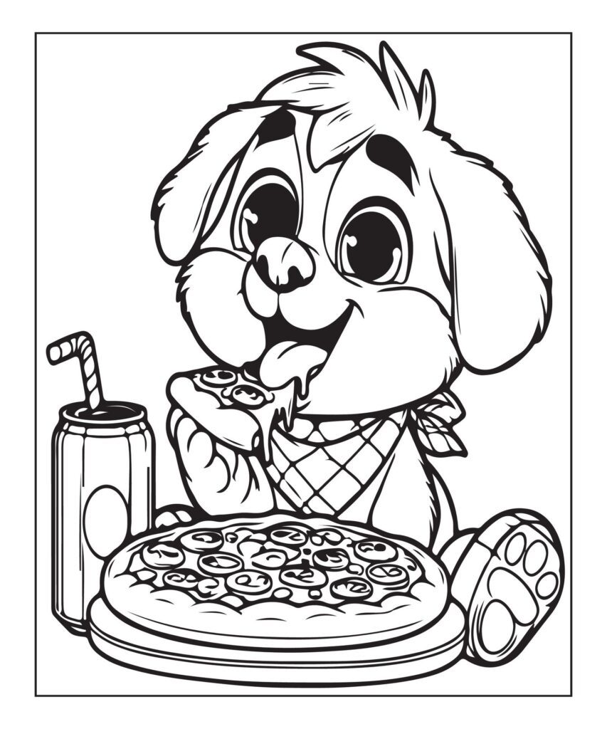 dog eating pizza coloring page Free Vector