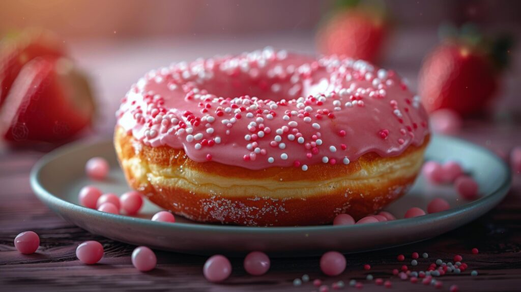 Donut With Pink Icing and Strawberries on Table Free Photo