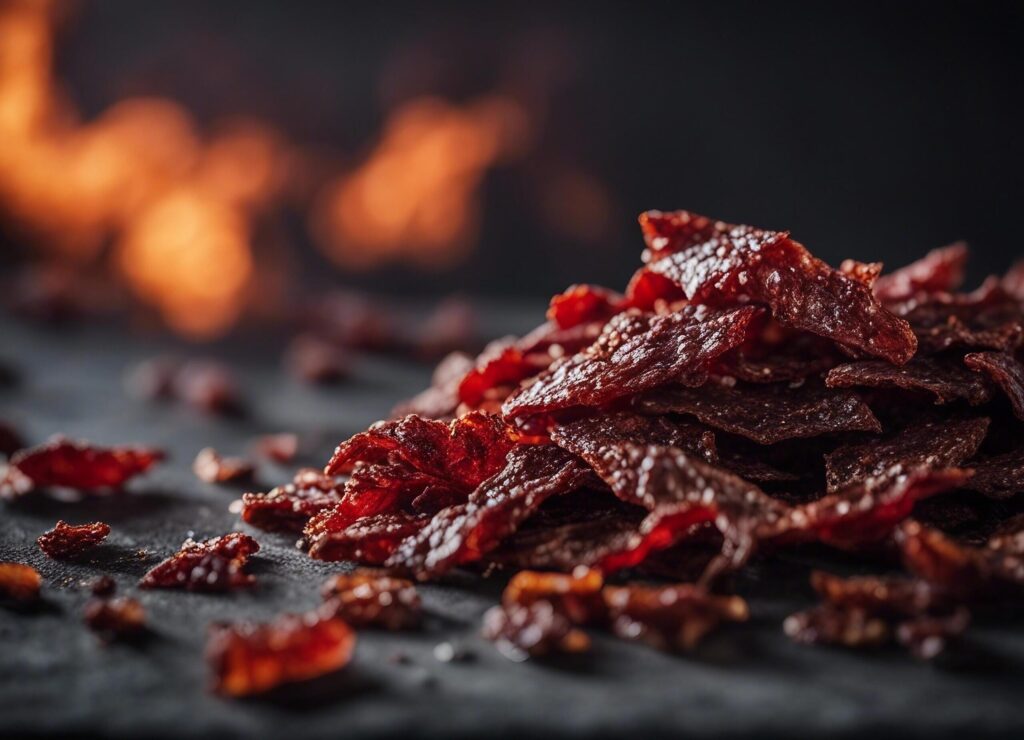 Dried peppered beef jerky on a dark surface Free Photo