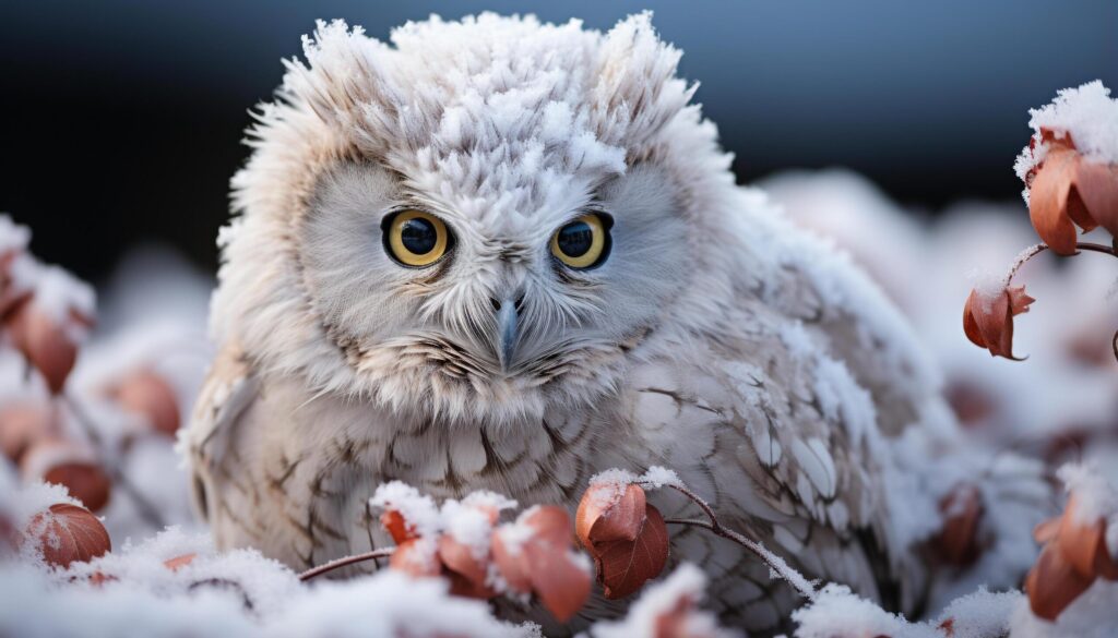 Eagle owl perching on branch, looking cute in snowy forest generated by AI Free Photo