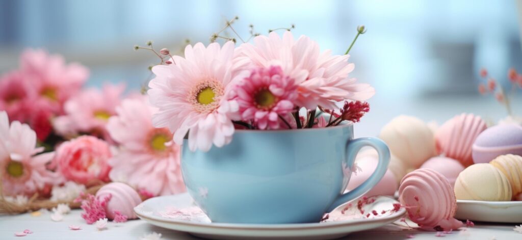 easter and flowers table in blue cup stock footage Free Photo