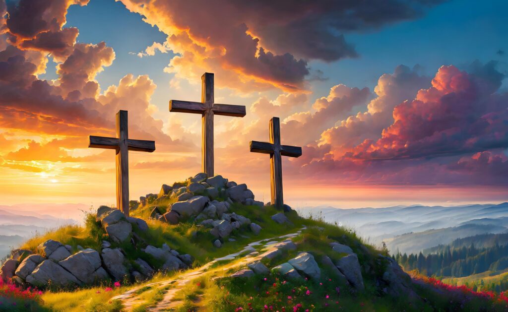 Easter and Good Friday crosses on Calvary’s hill with colorful skies symbolize Jesus Christ’s crucifixion Free Photo