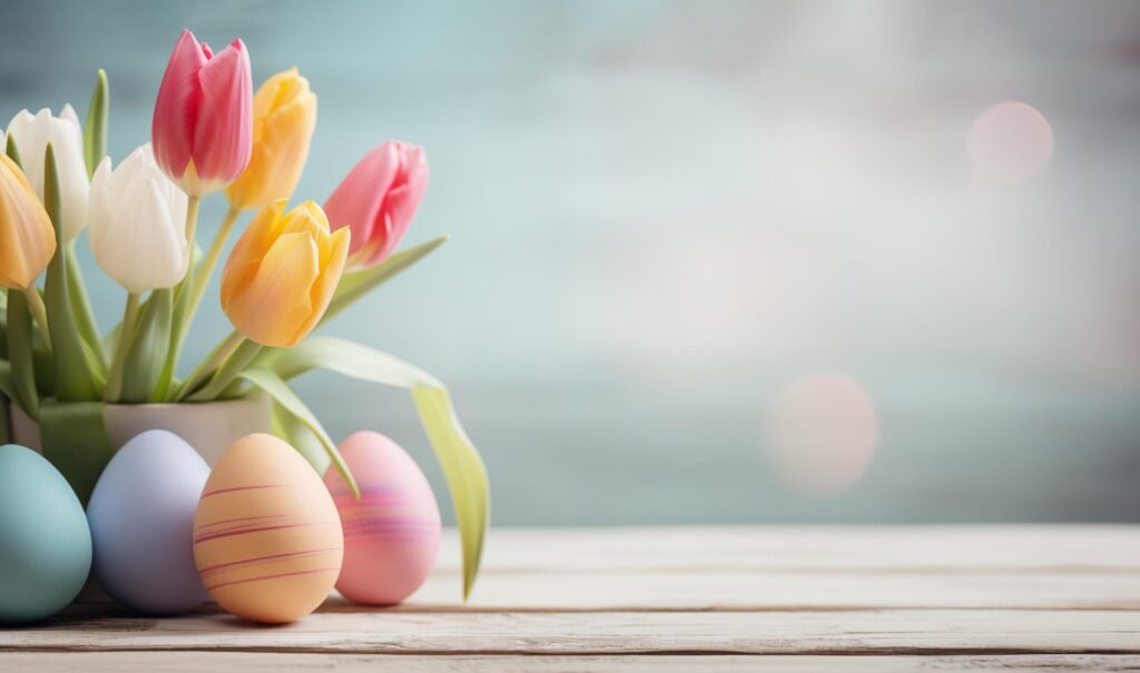 Easter background with colored eggs and tulip on a light wooden table. Free Photo