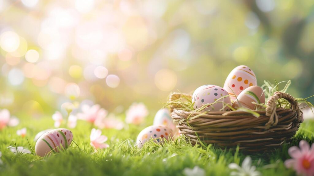 AI generated Easter basket filled with colorful eggs and flowers on the green grass with spring garden background, happy easter Stock Free