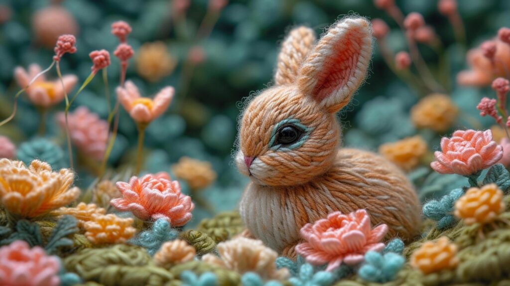 Easter bunny, bright colored embroidery style, background image, generative AI Free Photo