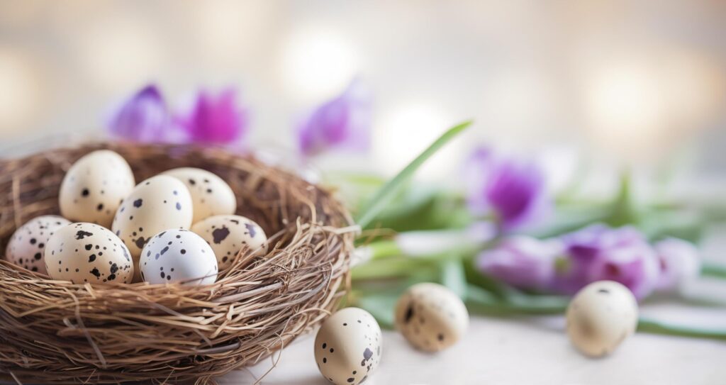 Easter composition with quail eggs in a nest . Free Photo