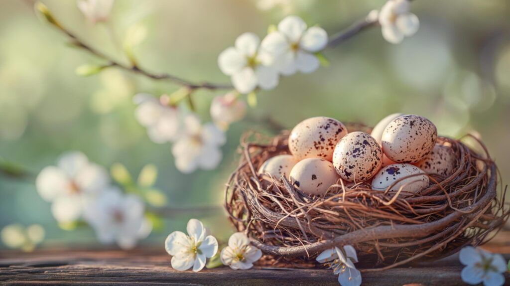 Easter composition with quail eggs in a nest on wood, spring flowers. Free Photo