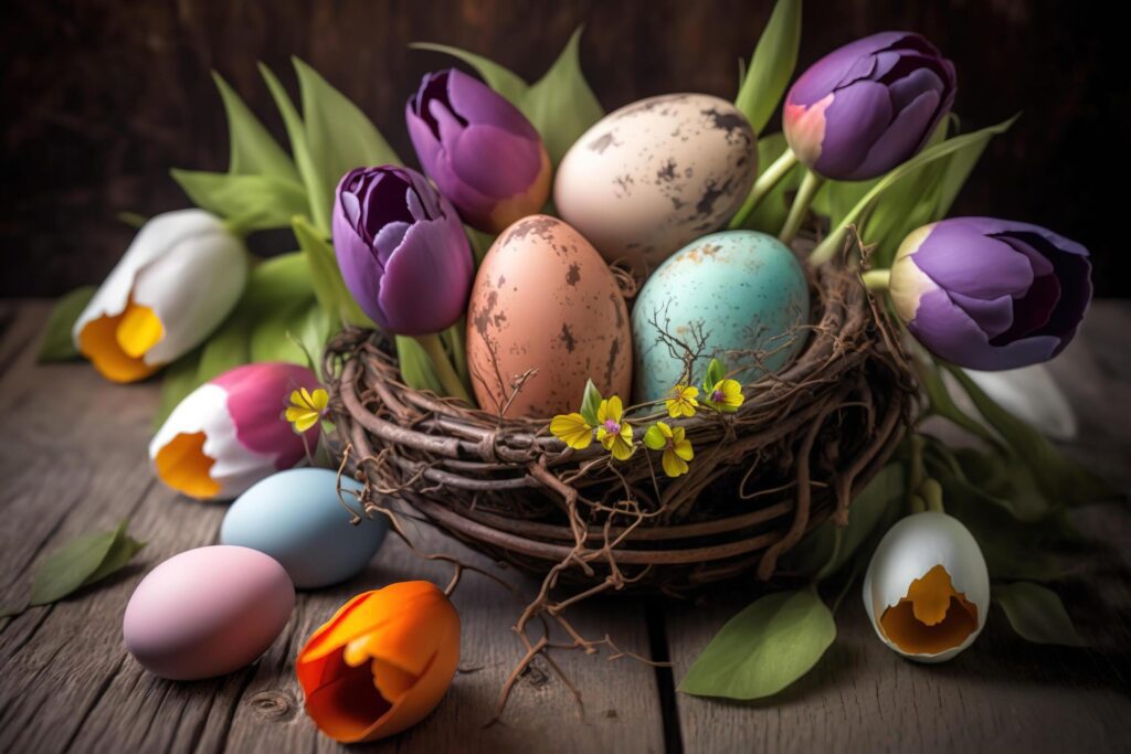 Easter decor composition with colored pockmarked eggs in bird nest and colorful tulips around on wooden table. Greeting card for Easter holidays. Free Photo