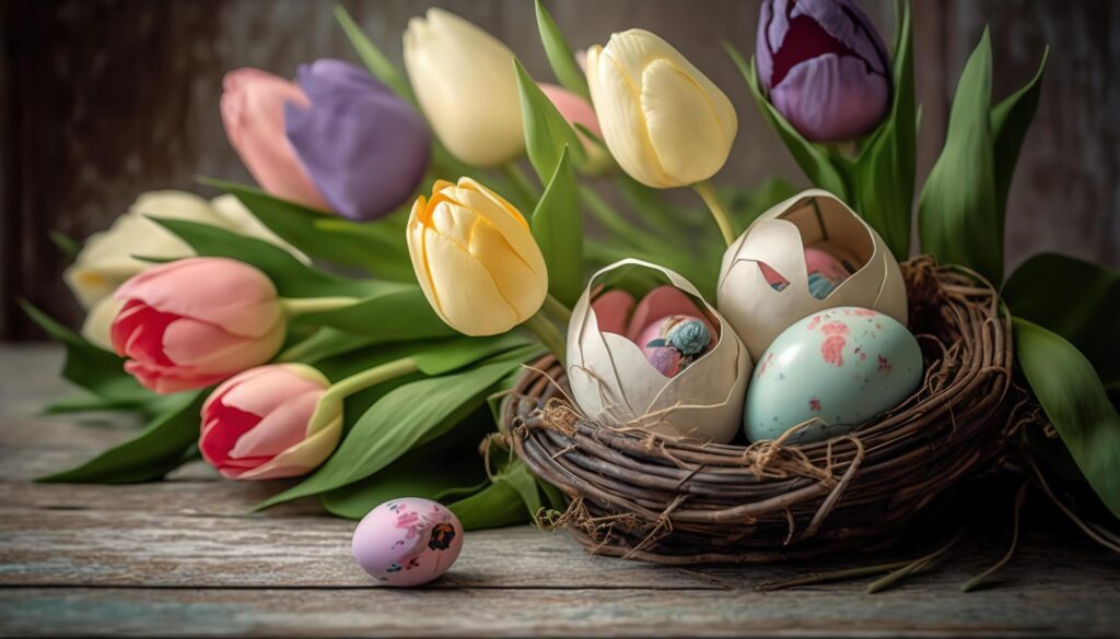 Easter decor composition with colorful eggs in wicker bird nest and colorful tulips on wooden table. Greeting card for Easter holidays. Free Photo