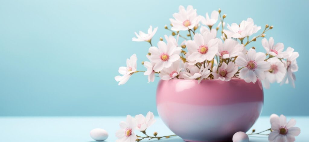 easter egg in flower cup on the blue background Free Photo