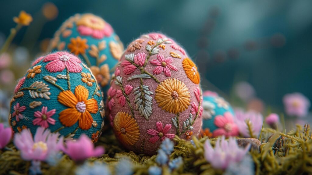 Easter eggs, bright colored embroidery style, background image, generative AI Free Photo