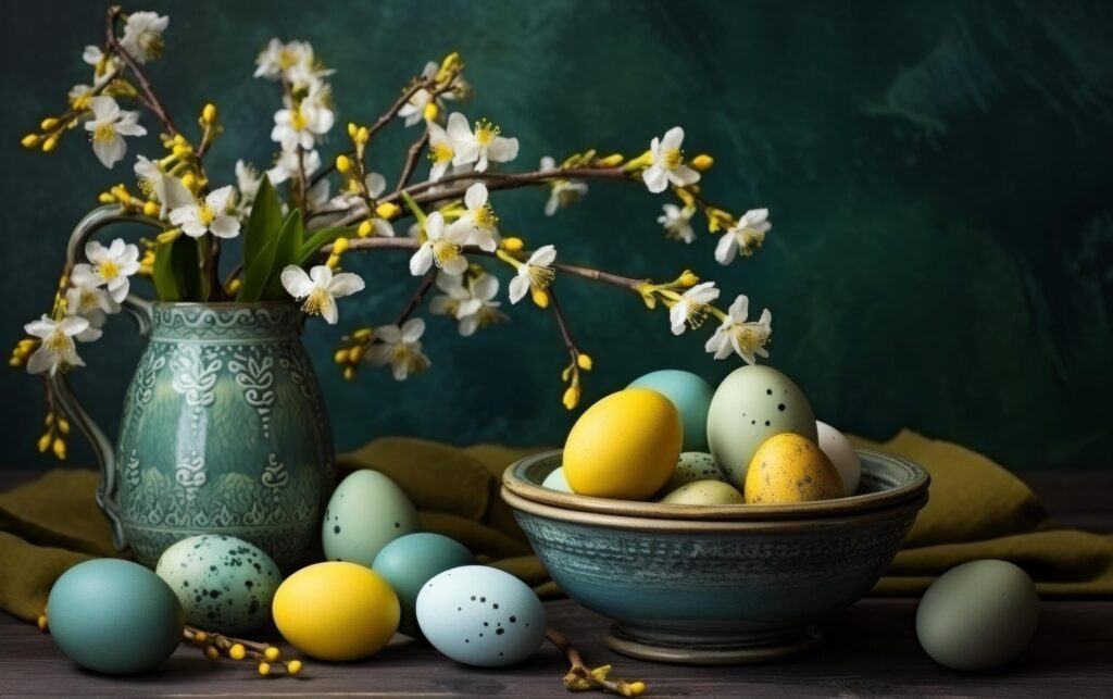 easter eggs in a basket and flowers on the table Free Photo