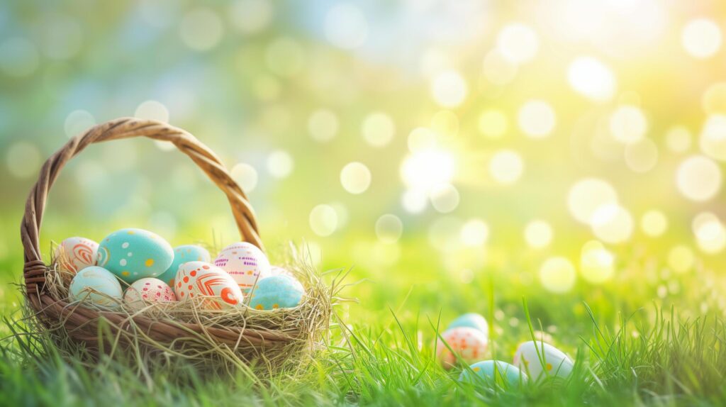 Easter eggs in a basket on green grass, sunny spring background. Free Photo